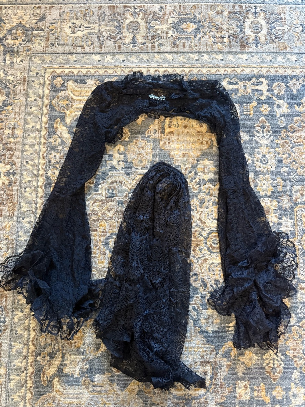 Black lace Belle sleeve blouse with black lace veil Halloween costume